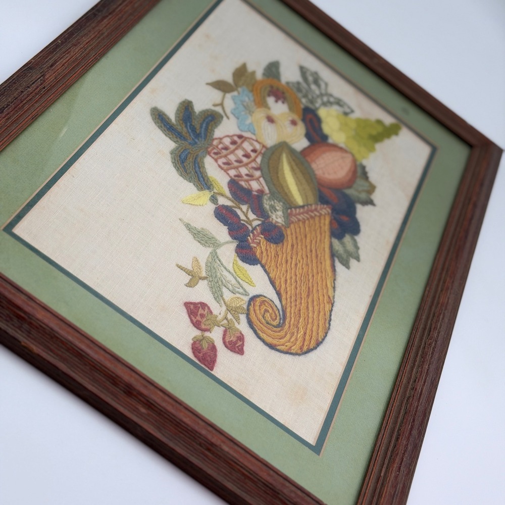 Vintage Crewel Embroidery Cornucopia Fruit‎ Harvest Framed Wall Art Wood 12x15